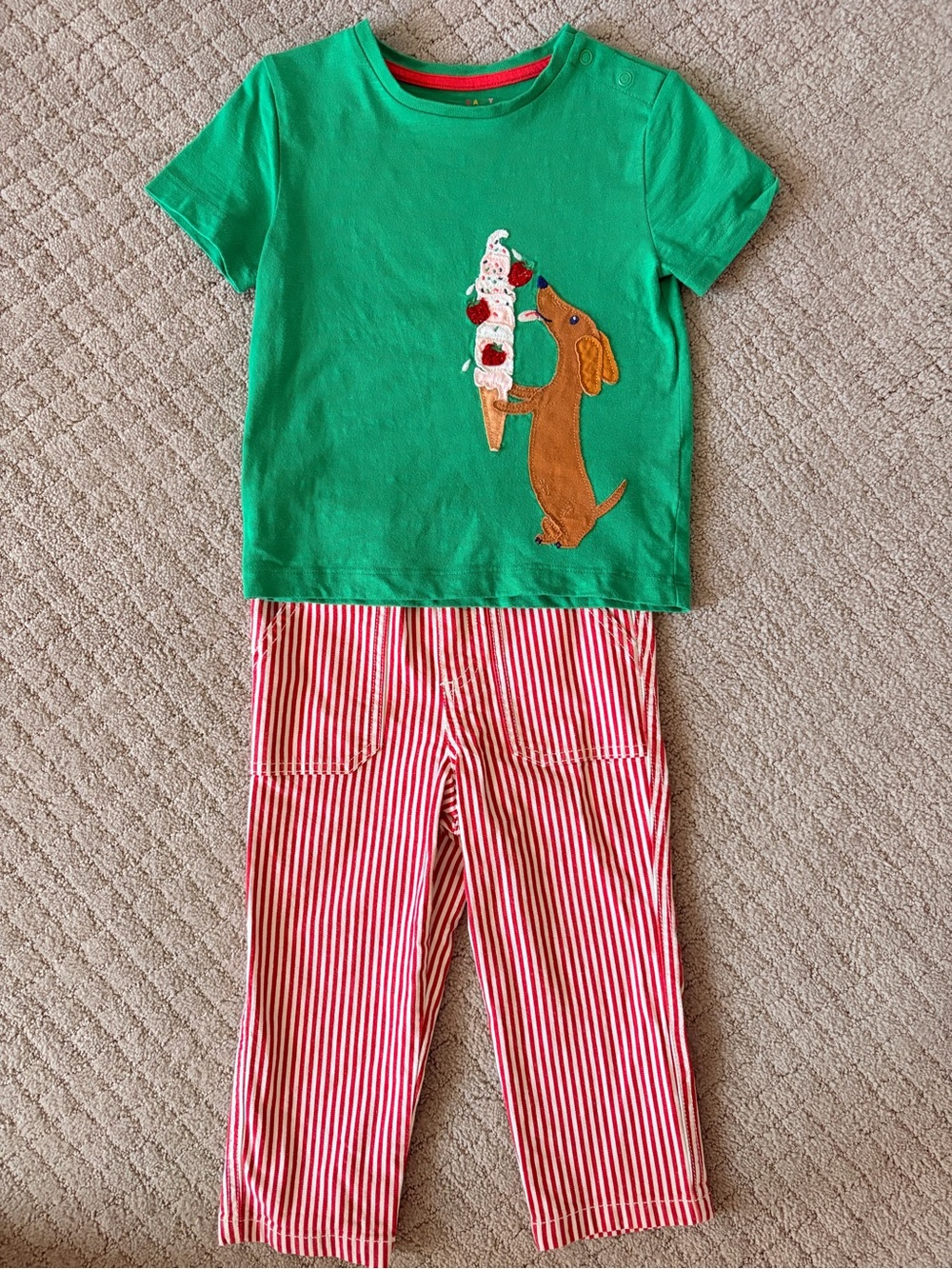 2T-3T Mini Boden Green Dachshund Ice Cream Pajama Set with Red-White Striped Pan
